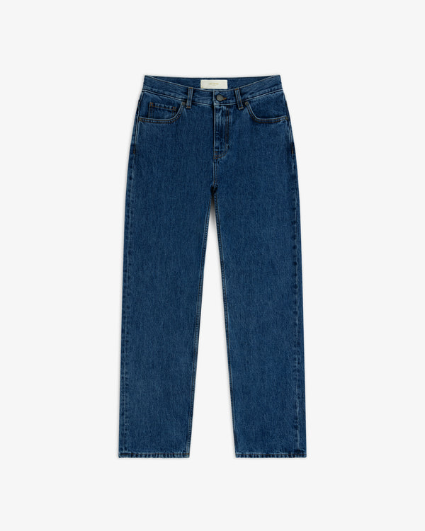 ALD Relaxed Fit Denim in a medium-wash blue, relaxed, straight-leg fit.
