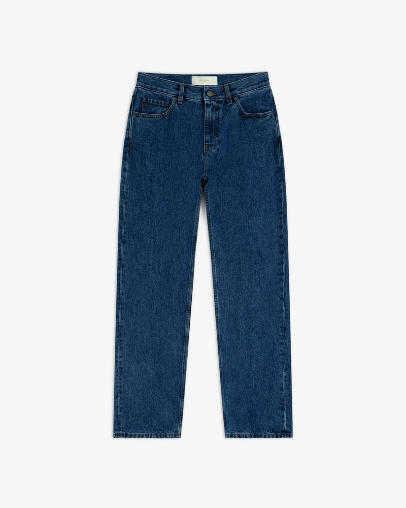 ALD Relaxed Fit Denim in a medium-wash blue, relaxed, straight-leg fit.