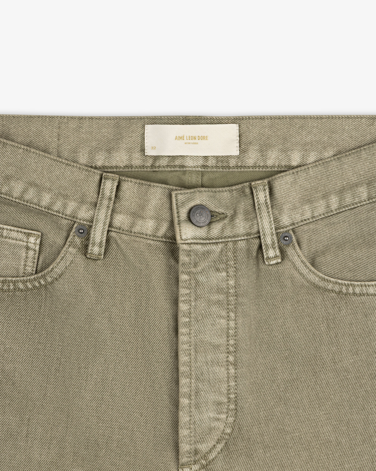 Flocked Straight Fit olive green denim jeans with a button fly and a branded waistband label.