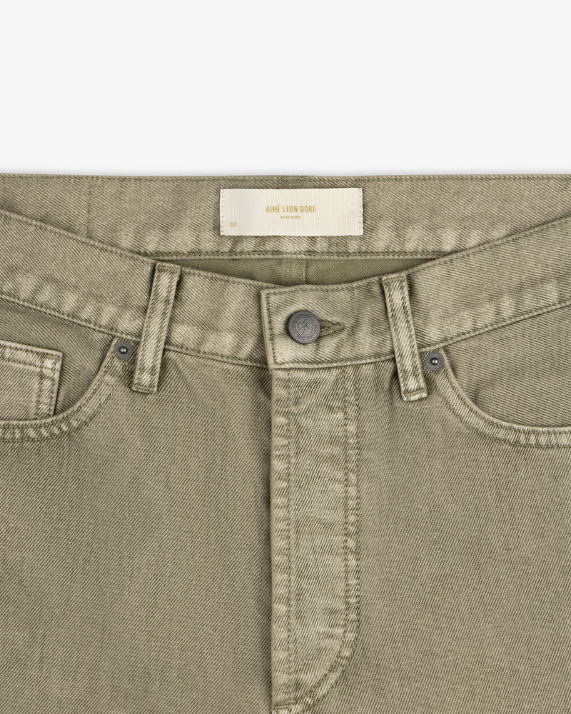 Flocked Straight Fit olive green denim jeans with a button fly and a branded waistband label.