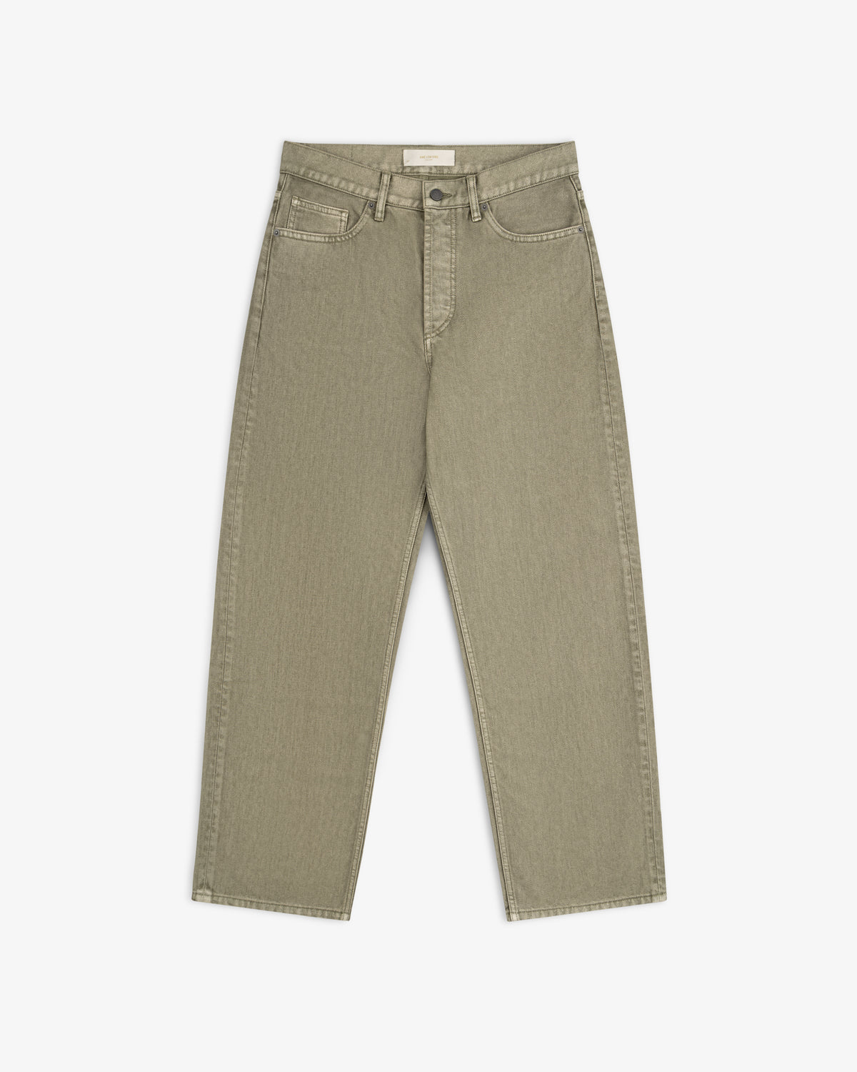 Olive-colored straight-leg Flocked Straight Fit Denim jeans.
