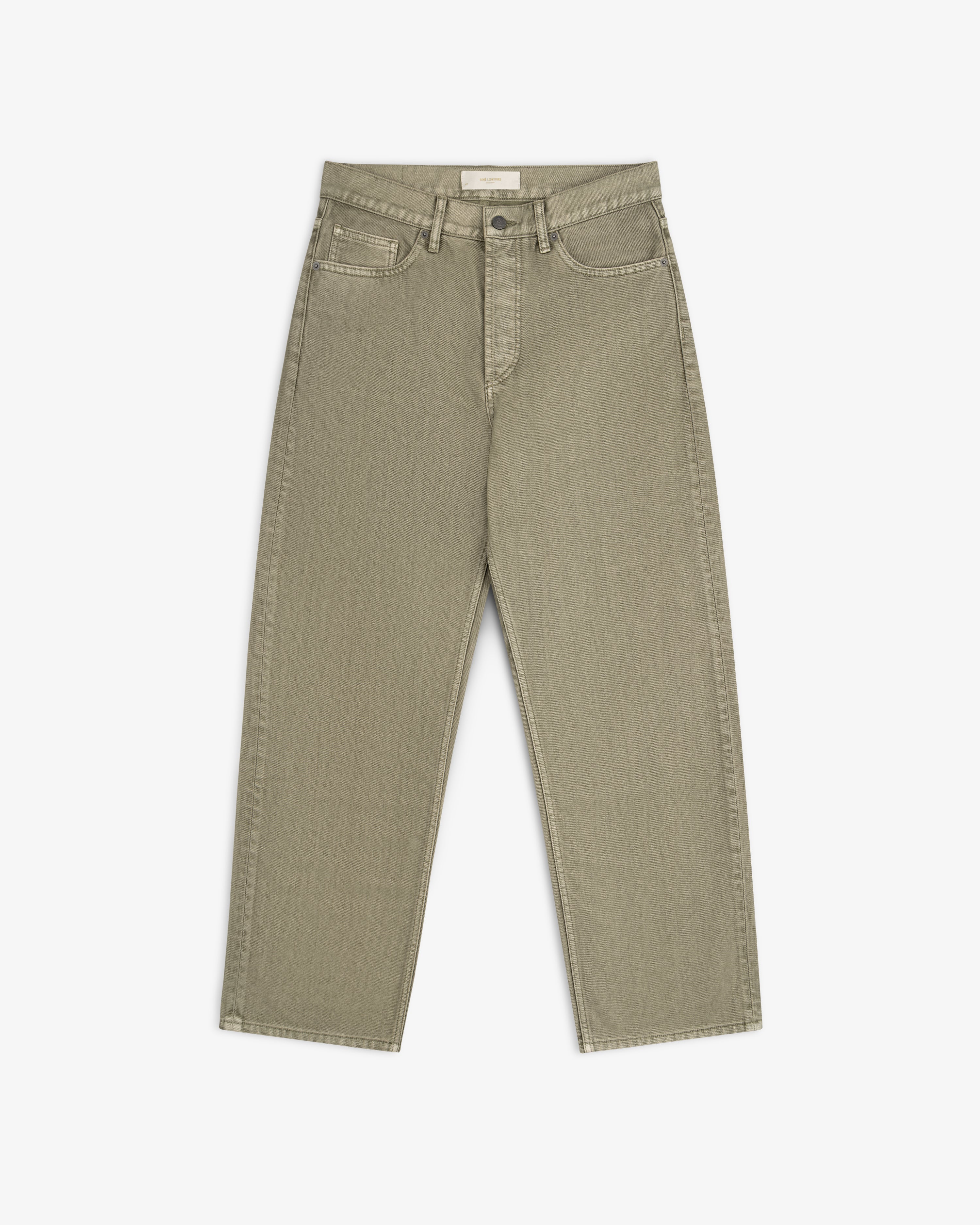 Olive-colored straight-leg Flocked Straight Fit Denim jeans.