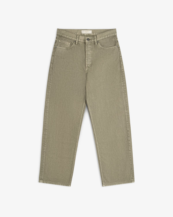 Olive-colored straight-leg Flocked Straight Fit Denim jeans.