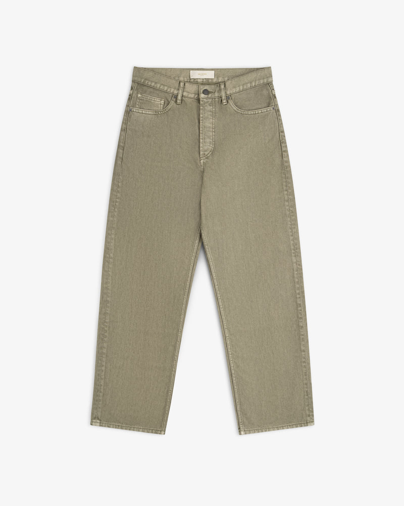 Olive-colored straight-leg Flocked Straight Fit Denim jeans.