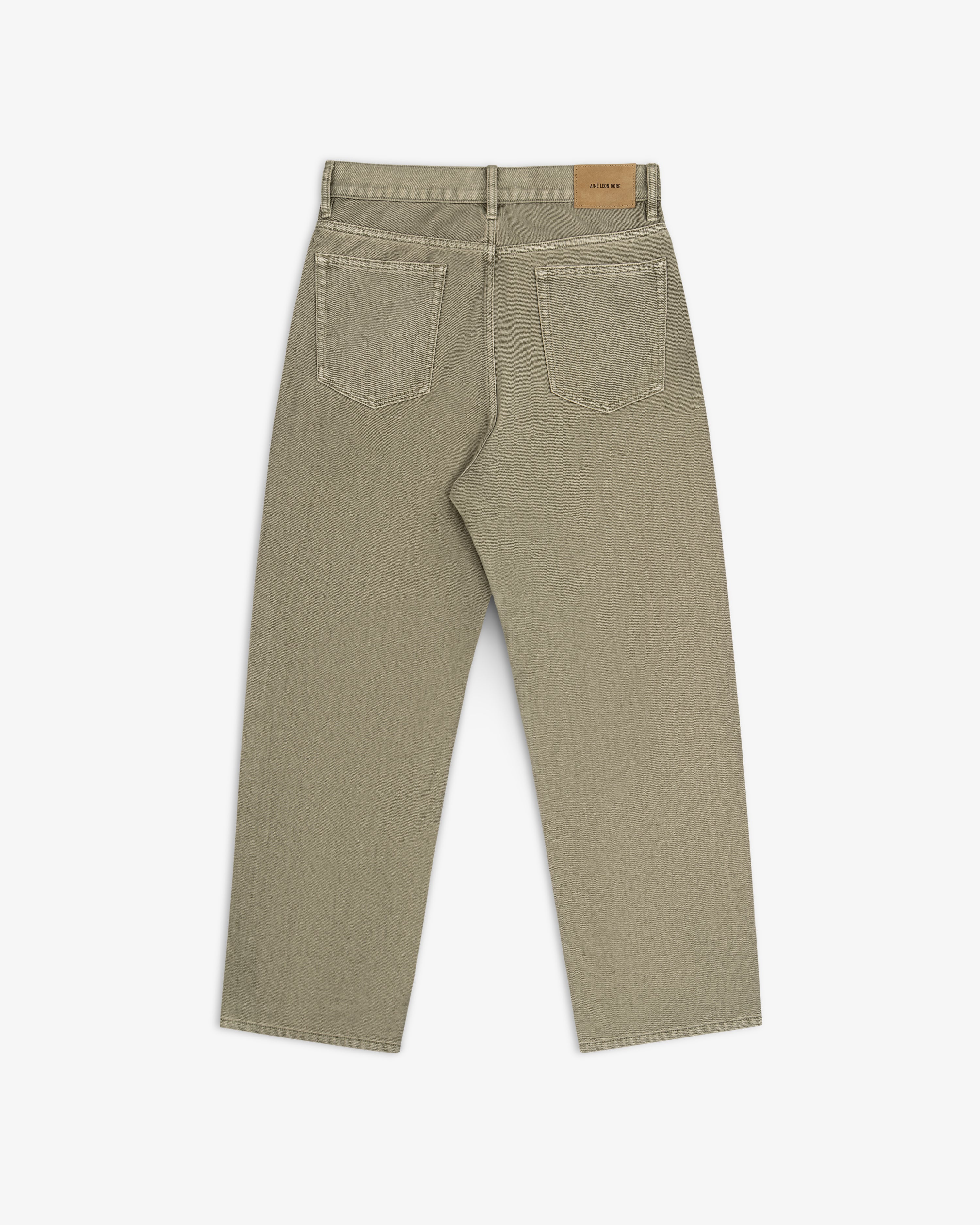 Back view of olive-toned Flocked Straight Fit Denim with a tan leather patch on the waistband.
