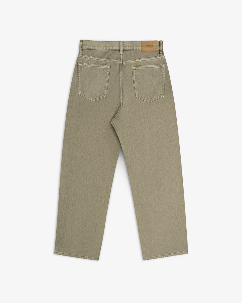 Back view of olive-toned Flocked Straight Fit Denim with a tan leather patch on the waistband.