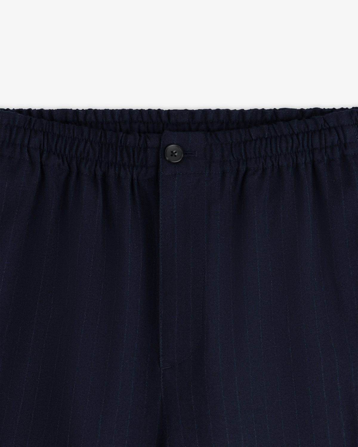 Wool Chalk Stripe Elasticated Waist Trouser in dark blue with an elasticated waistband and a single button fly.