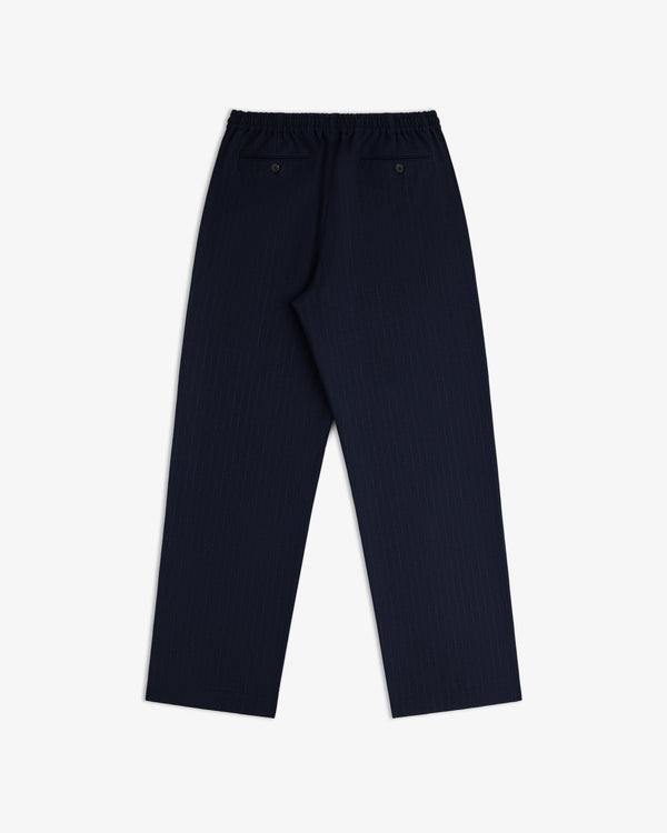 Wool Chalk Stripe Elasticated Waist Trouser: dark blue with thin pinstripes, an elasticated waistband, and two back pockets.