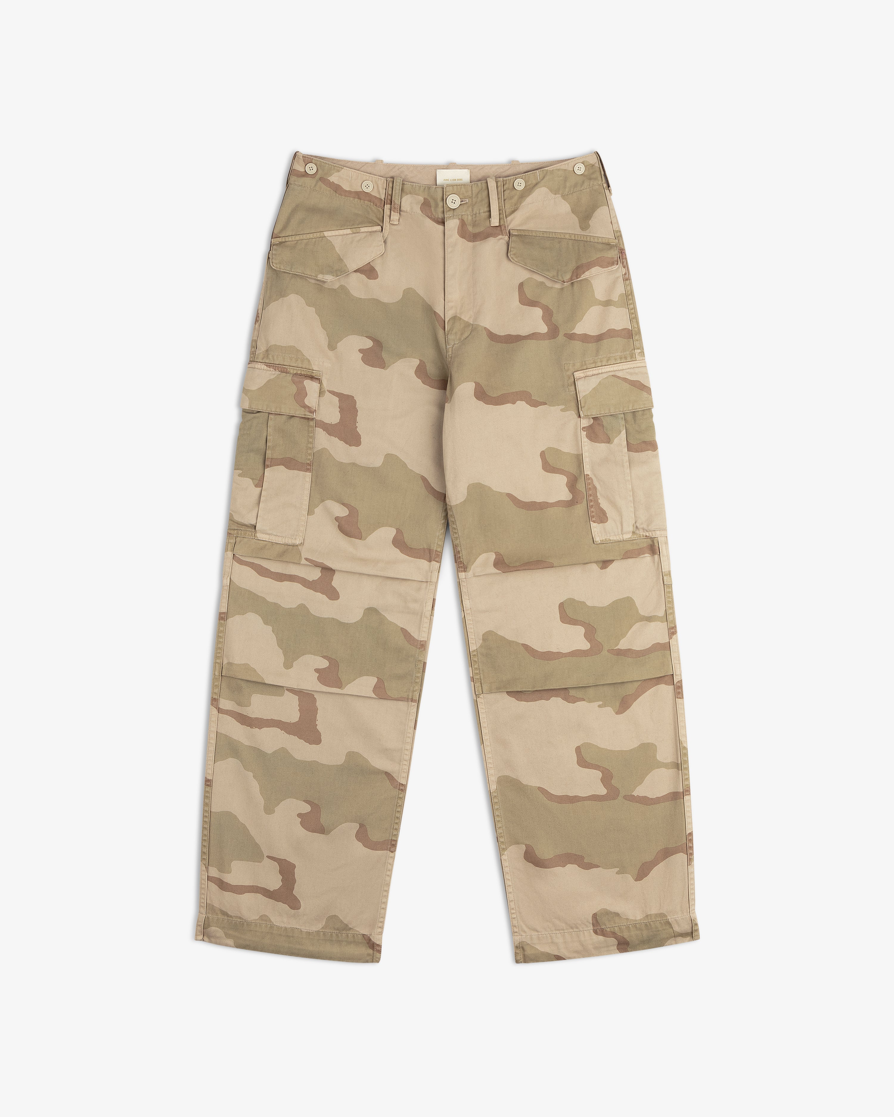 Camo Fatigue Pant in tan and olive camouflage with two large side pockets.