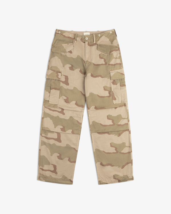 Camo Fatigue Pant in tan and olive camouflage with two large side pockets.