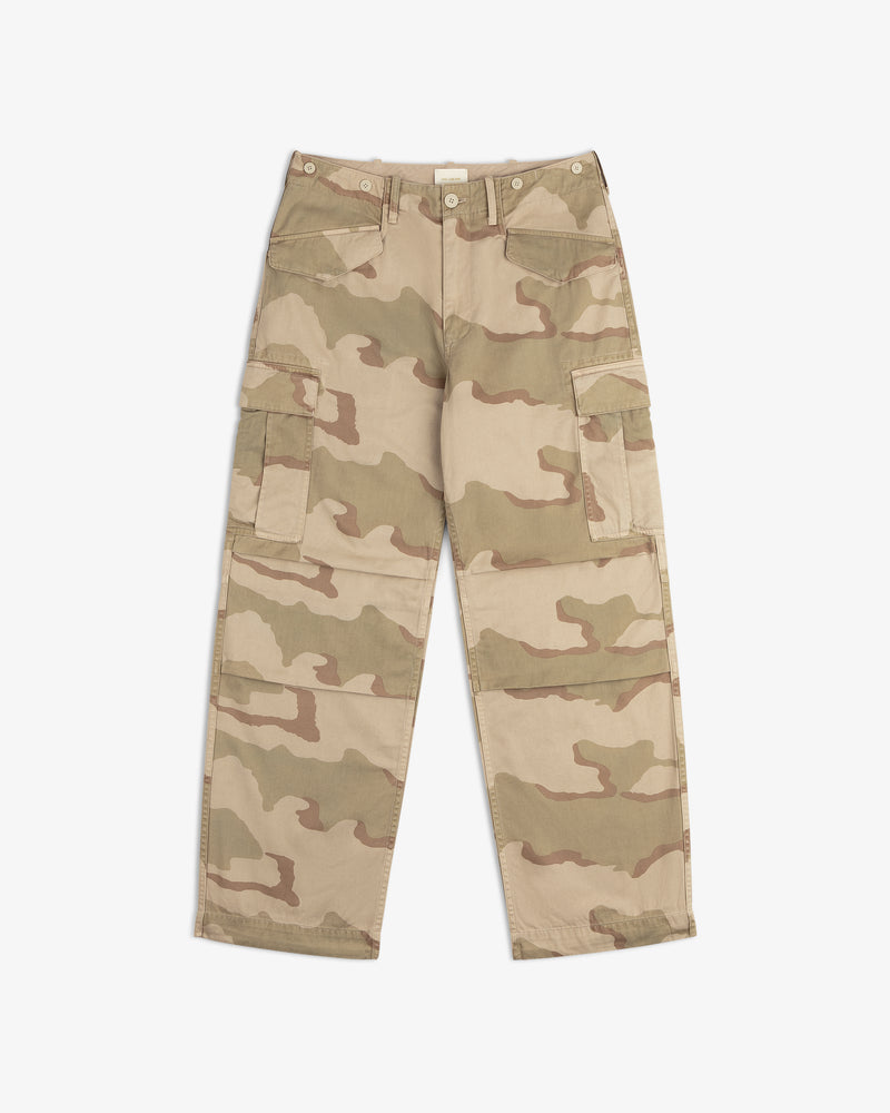 Camo Fatigue Pant in tan and olive camouflage with two large side pockets.