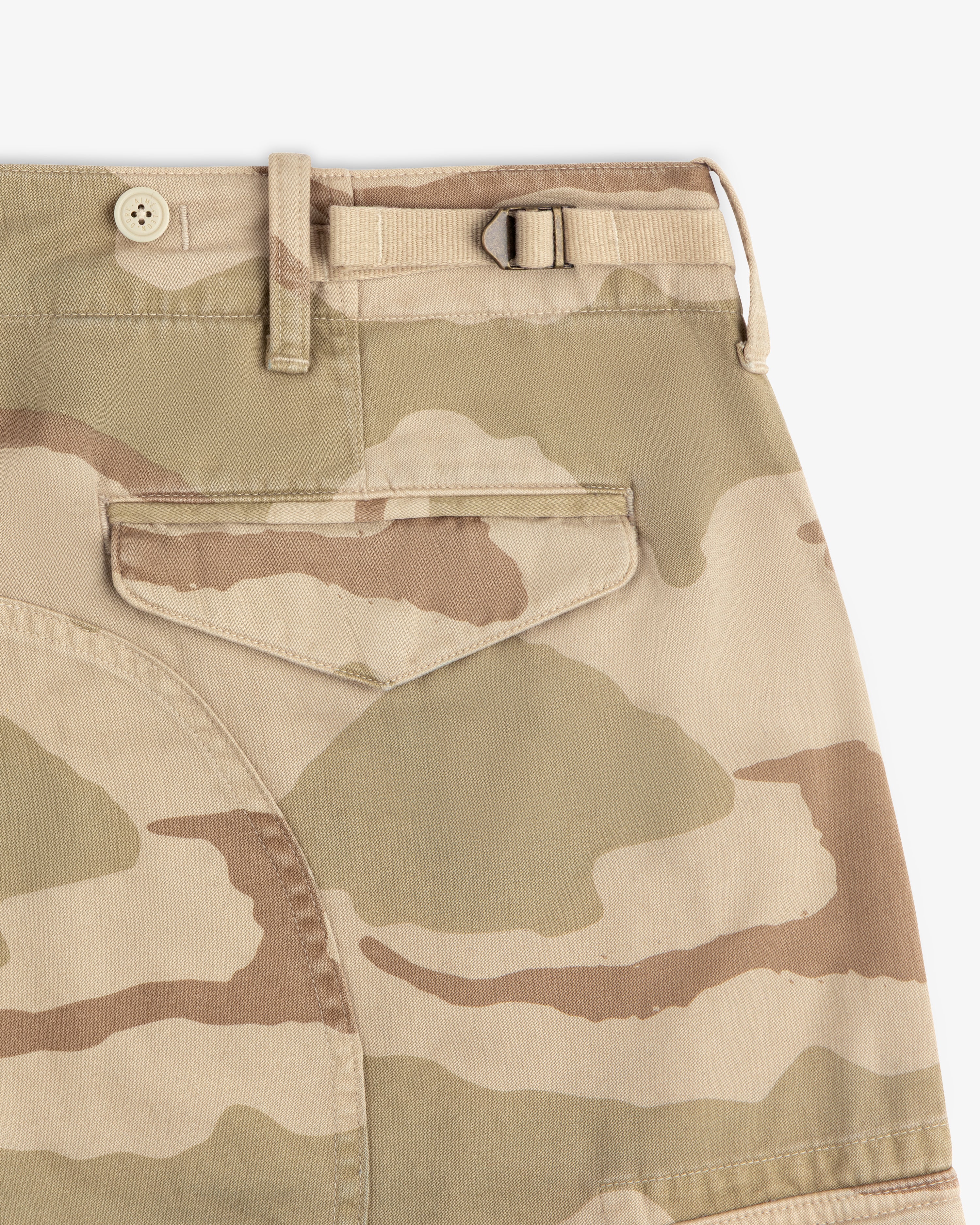 Camo Fatigue Pant in tan camouflage with a side-adjusting buckled strap and a rear flap pocket.