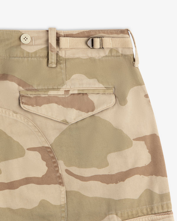 Camo Fatigue Pant in tan camouflage with a side-adjusting buckled strap and a rear flap pocket.