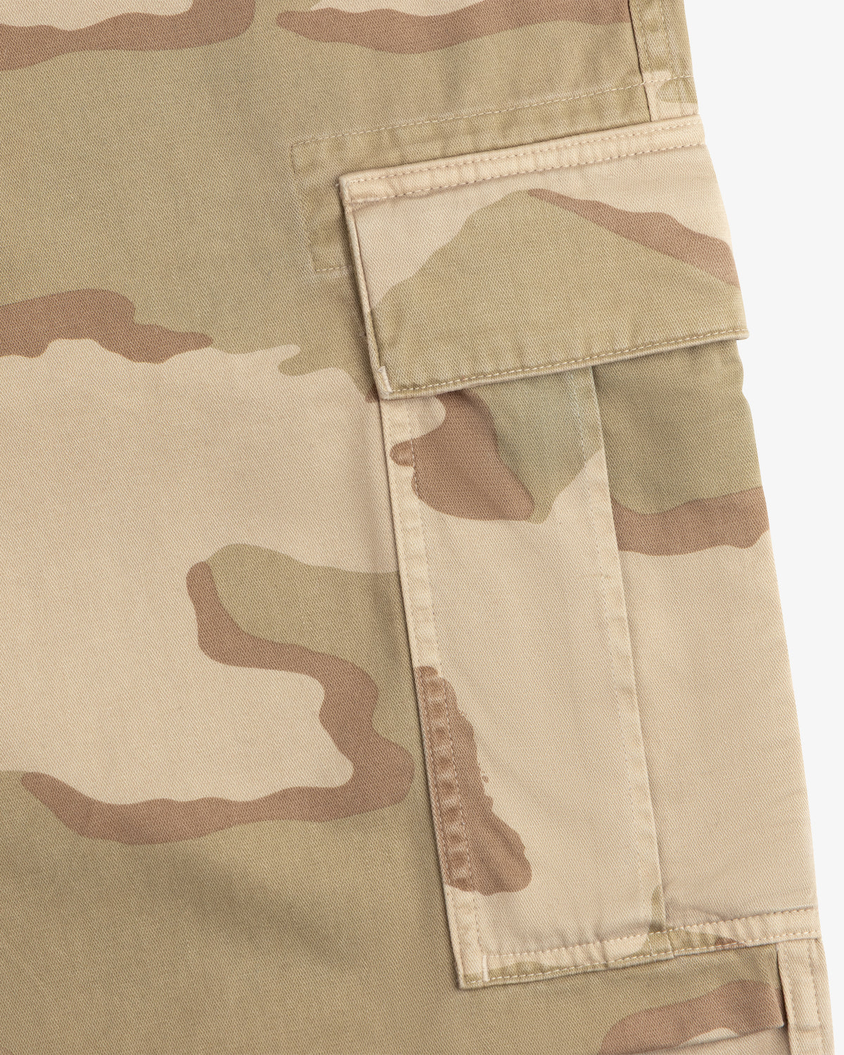 Close-up of Camo Fatigue Pant in a desert camouflage print featuring a large side cargo pocket.