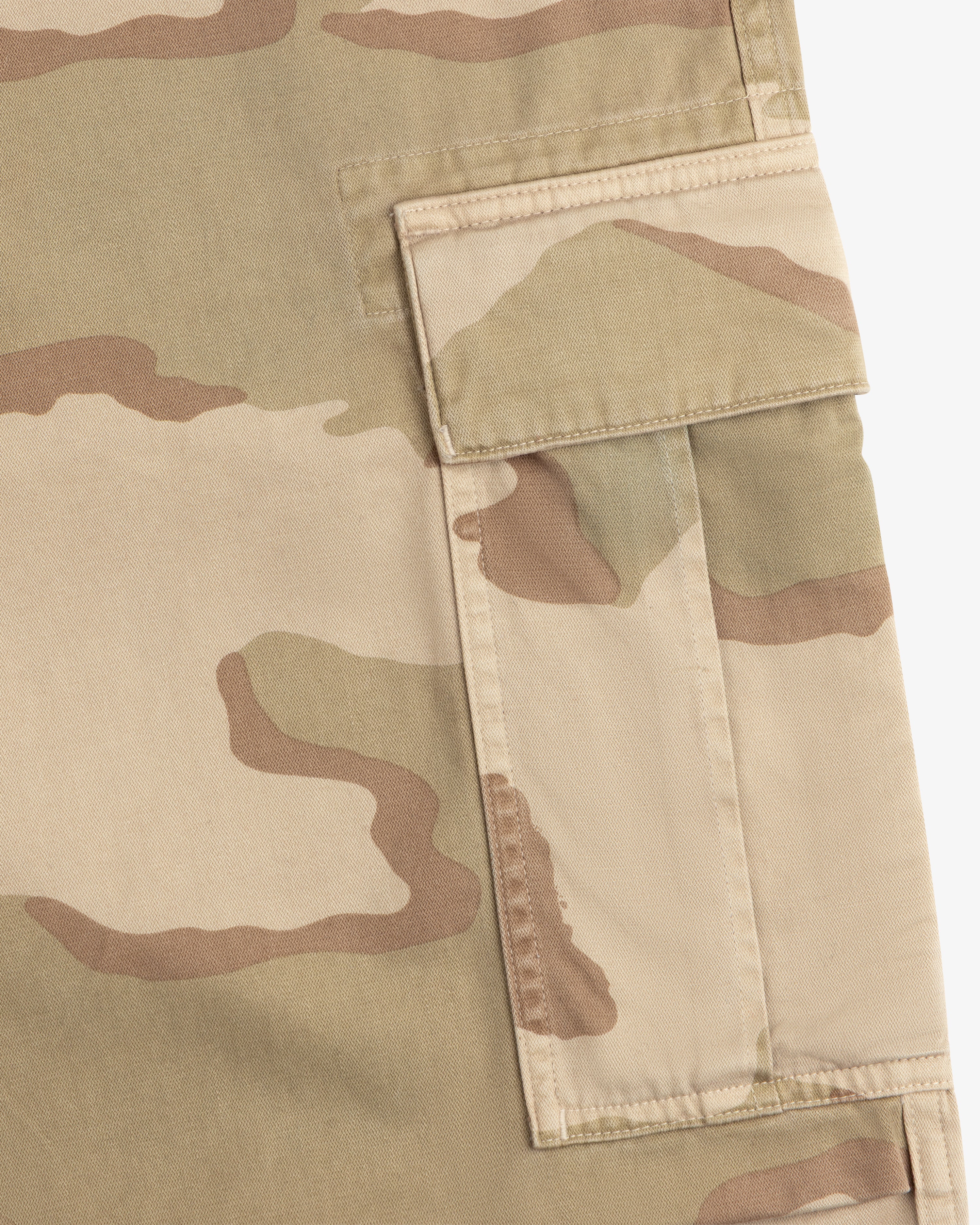 Close-up of Camo Fatigue Pant in a desert camouflage print featuring a large side cargo pocket.