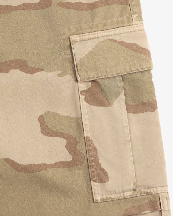 Close-up of Camo Fatigue Pant in a desert camouflage print featuring a large side cargo pocket.