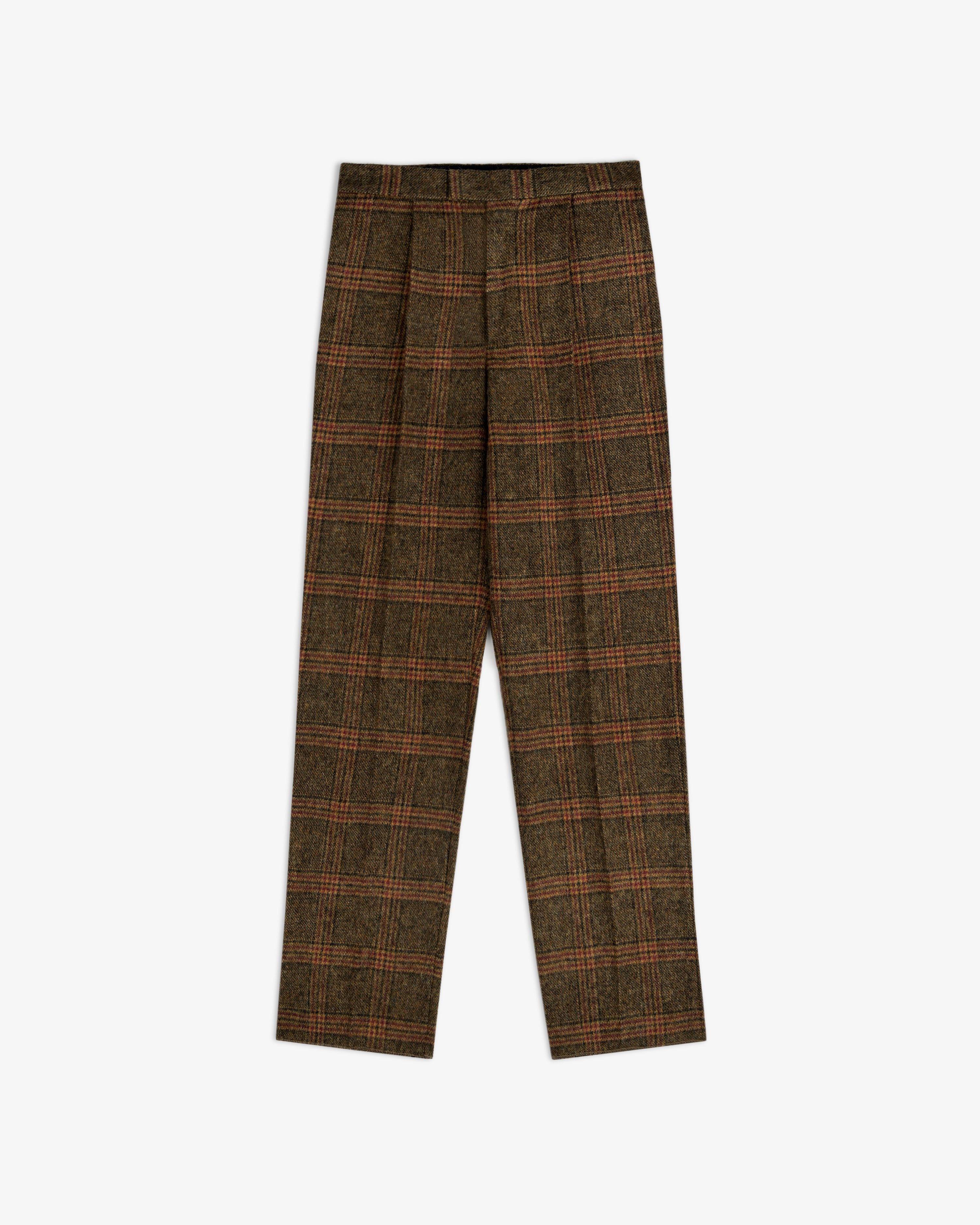 Plaid Tweed Suit Trousers in brown with a pleated front.