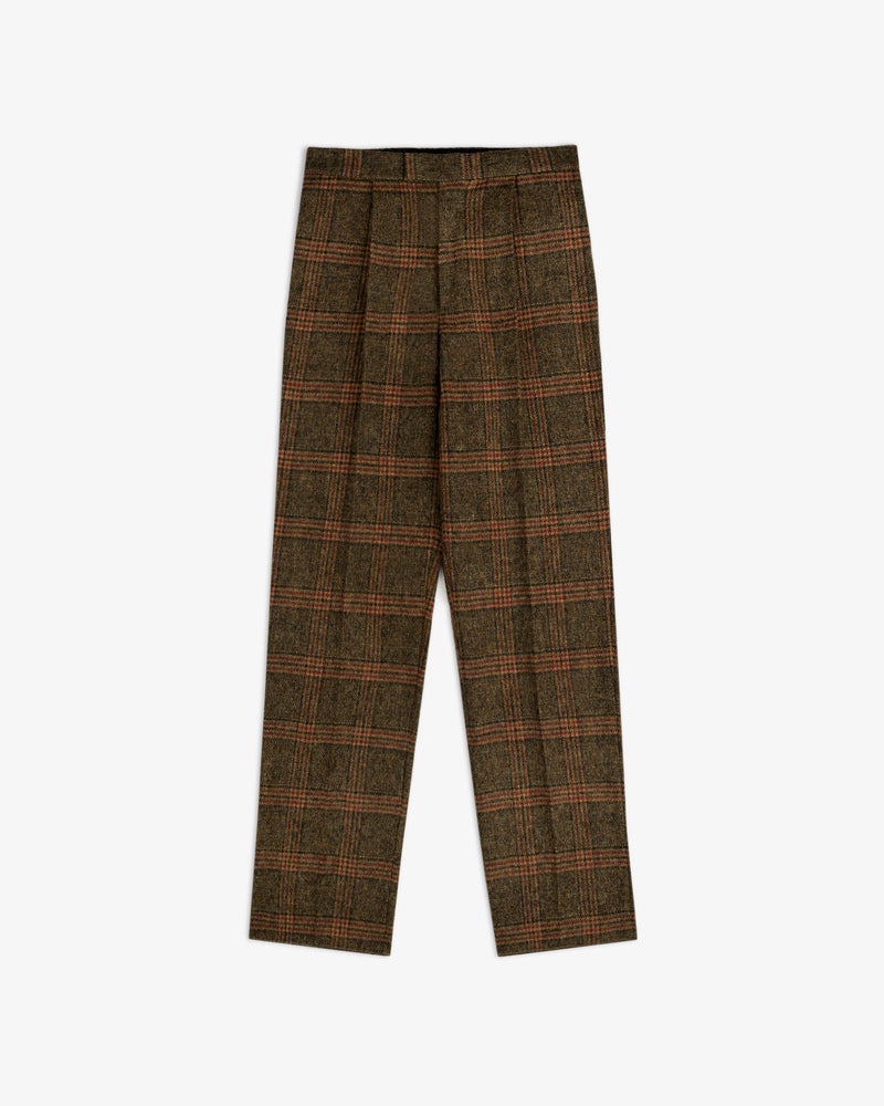 Plaid Tweed Suit Trousers in brown with a pleated front.