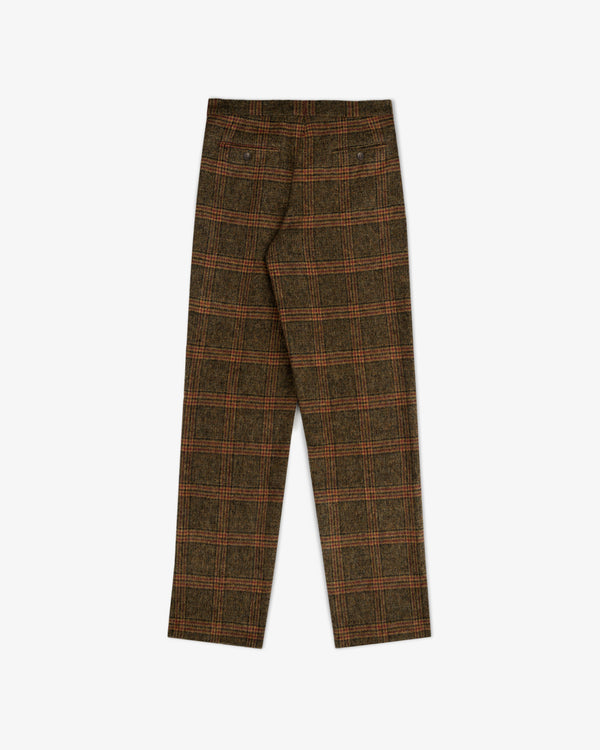 Back view of brown Plaid Tweed Suit Trouser featuring two buttoned welt pockets.