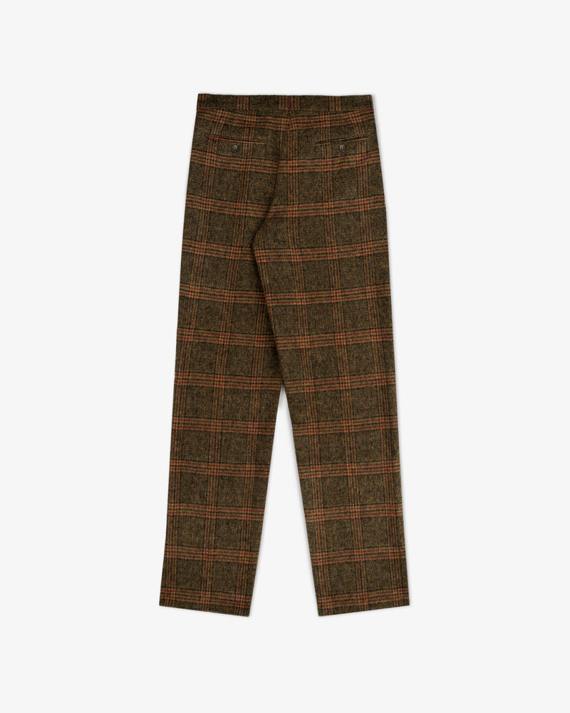 Back view of brown Plaid Tweed Suit Trouser featuring two buttoned welt pockets.