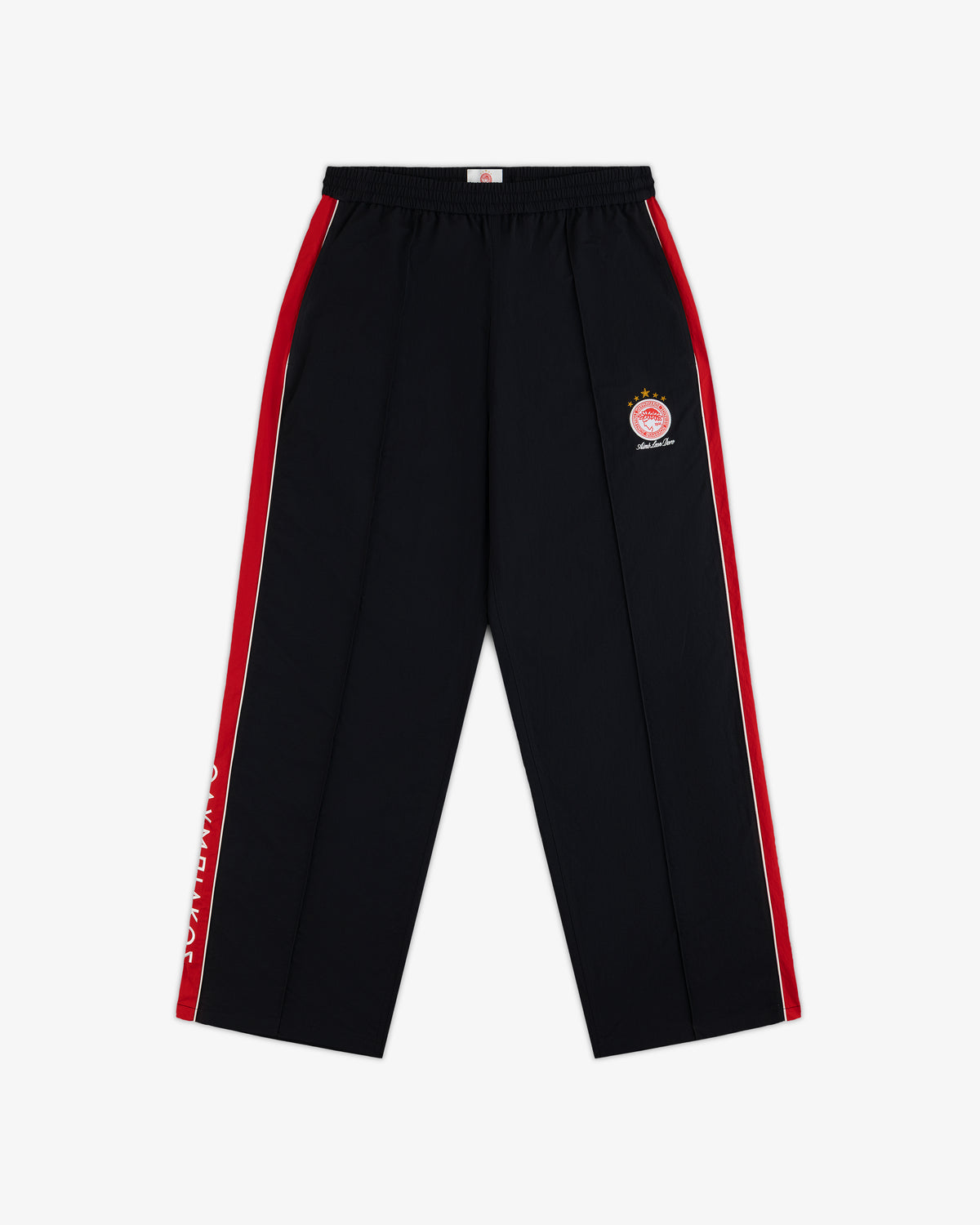 ALD / Olympiacos F.C. Nylon Track Pant in black with red and white side stripes and a soccer team crest on the hip.