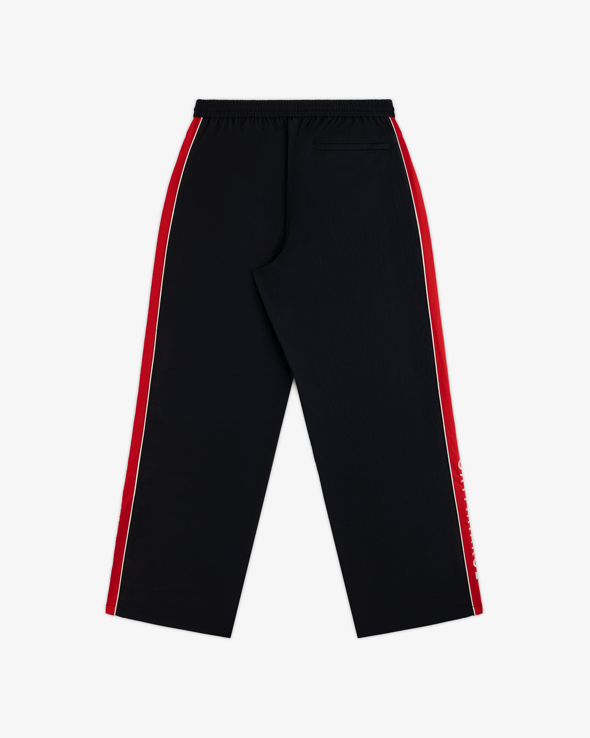 Back view of ALD / Olympiacos F.C. Nylon Track Pant in black with red and white side stripes and a single back pocket.