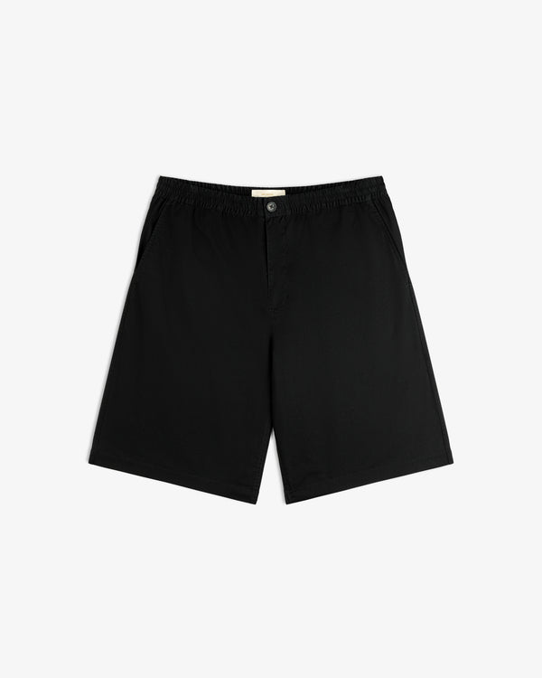 Cotton Casual Short: black knee-length shorts with button, elastic waist, and side pockets on white background.