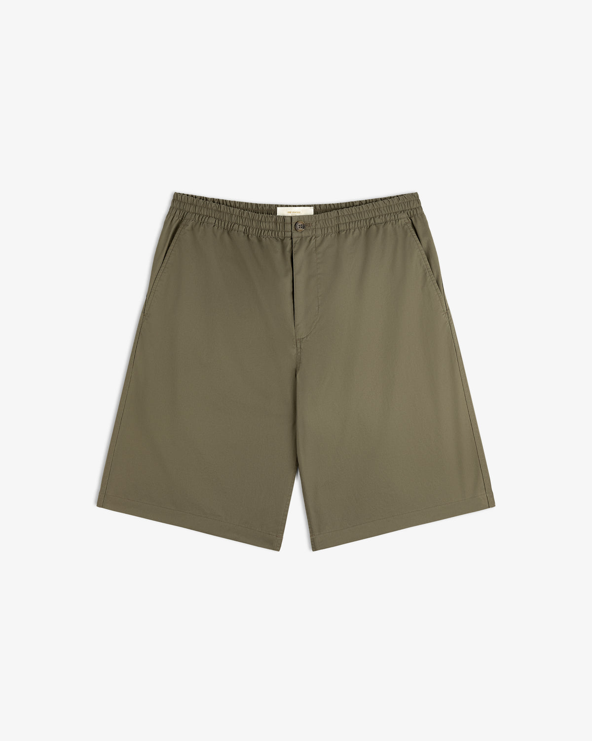 Cotton Casual Short in olive green with elastic waistband, side pockets, and flat front, shown on a white background.