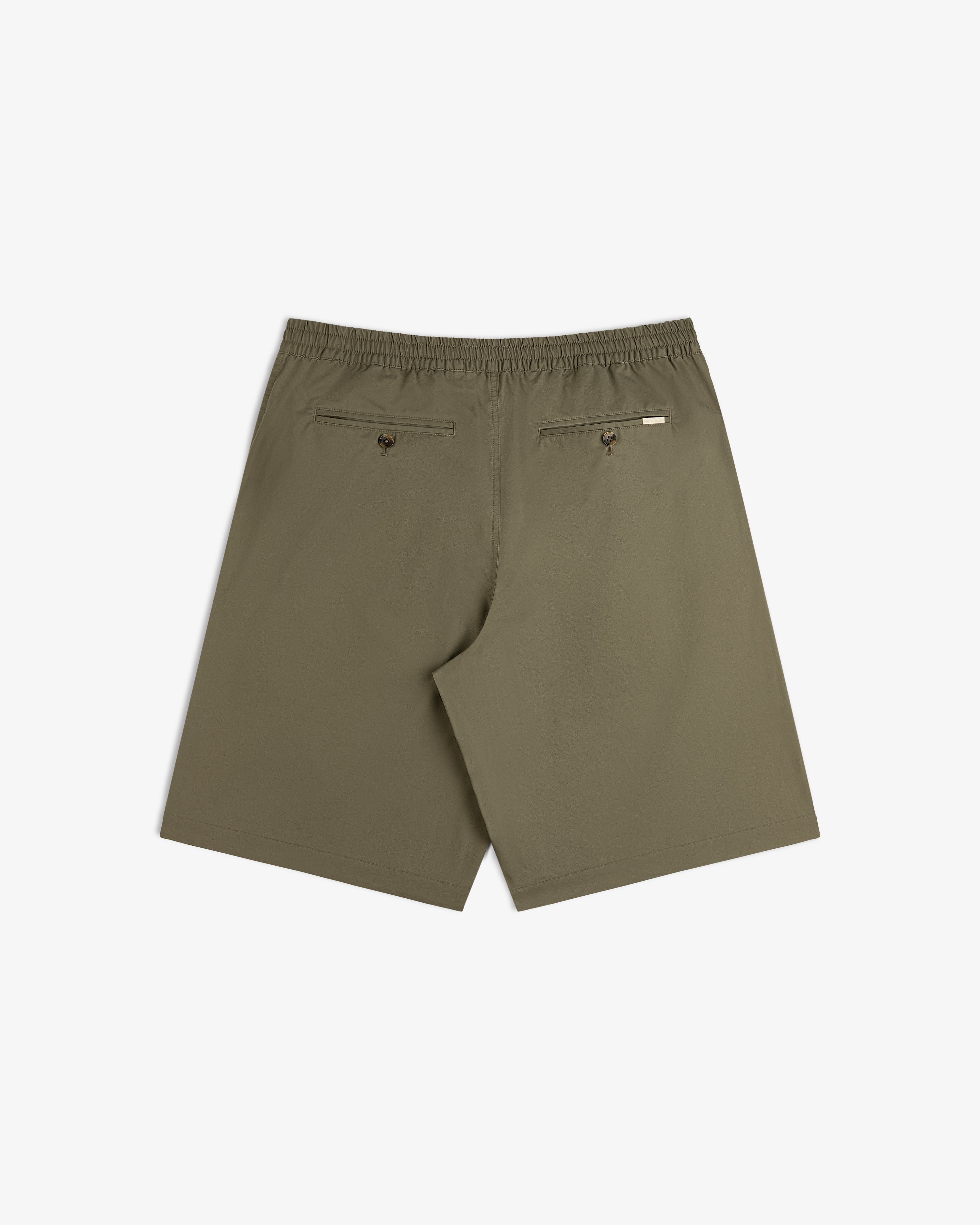 Back view of Cotton Casual Short in olive green with elastic waist, two buttoned back pockets, on white background.