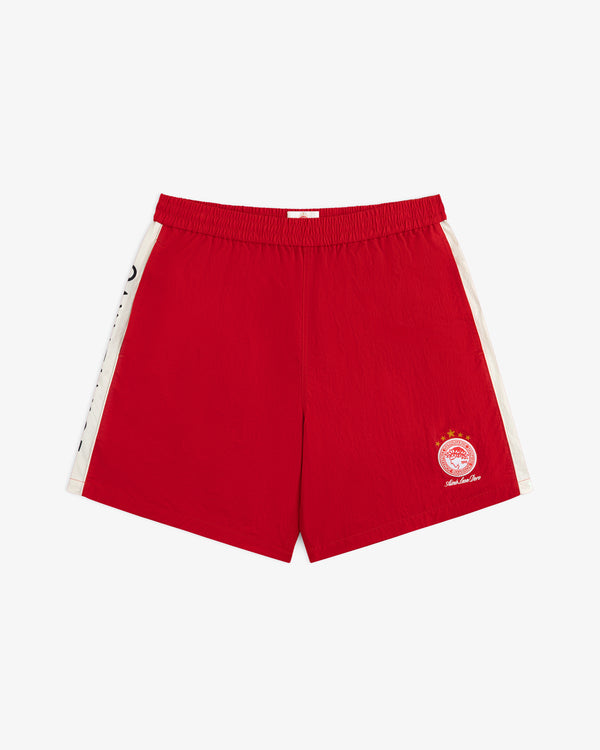 Red ALD / Olympiacos F.C. Nylon Training Short with white side stripes and a team logo on the right leg.