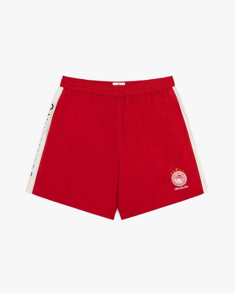 Red ALD / Olympiacos F.C. Nylon Training Short with white side stripes and a team logo on the right leg.