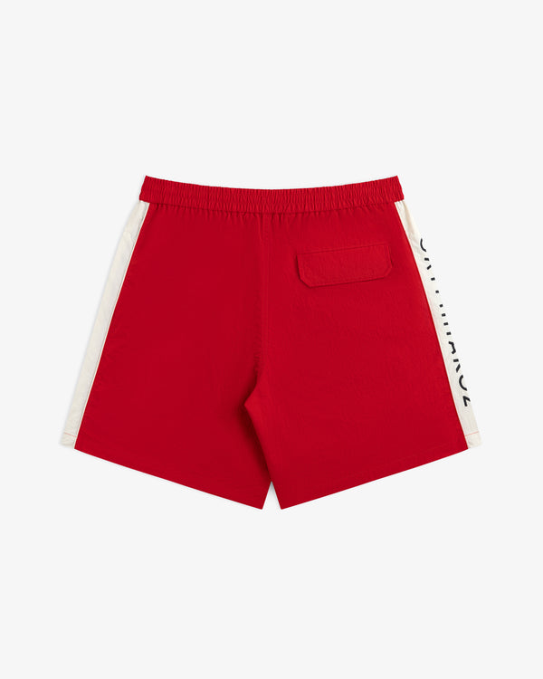 Red ALD / Olympiacos F.C. Nylon Training Short with white side stripes and a single back pocket.