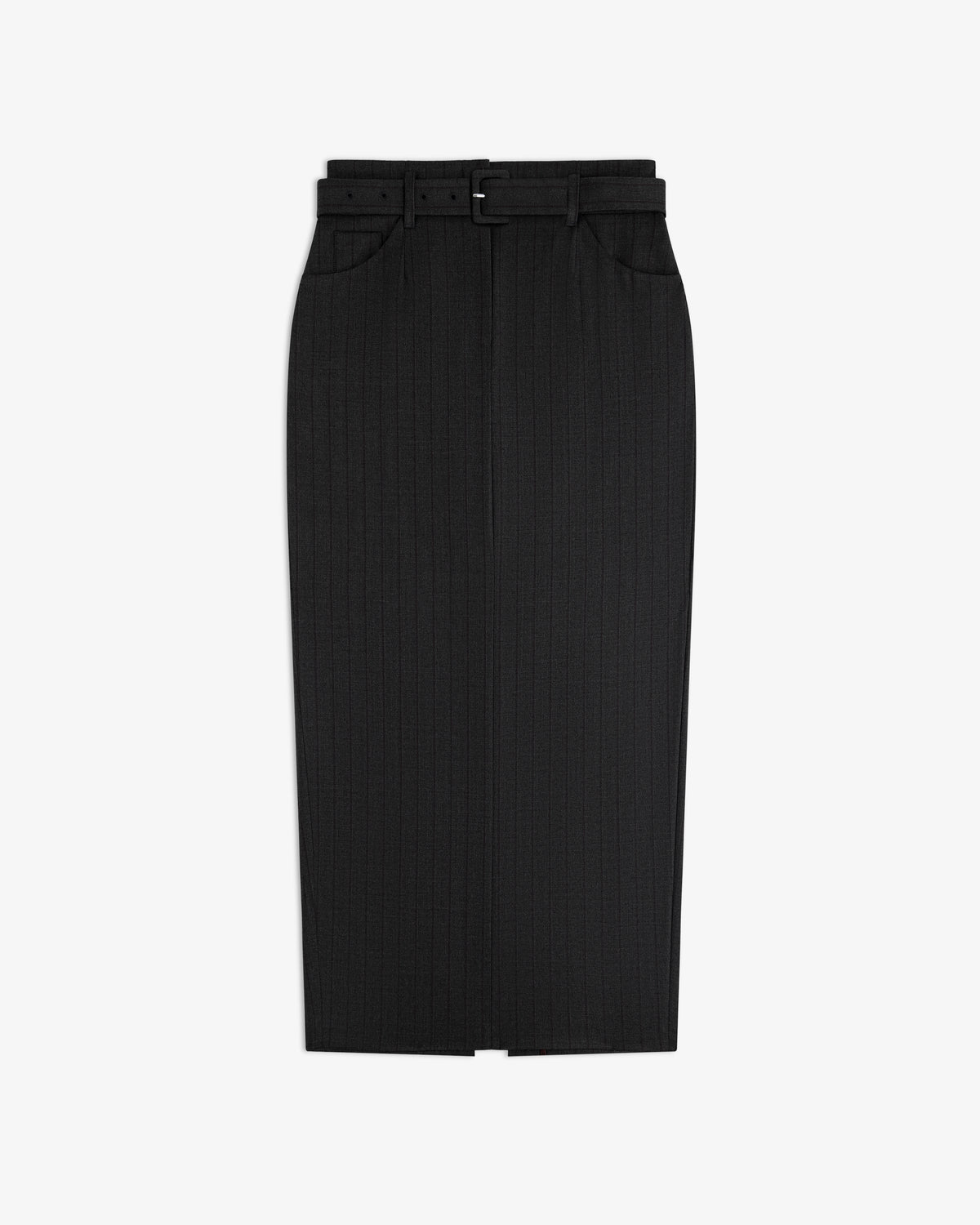 Striped Tailored Maxi Skirt: black pinstriped maxi skirt with a high waist, belt loops, and a matching fabric belt.