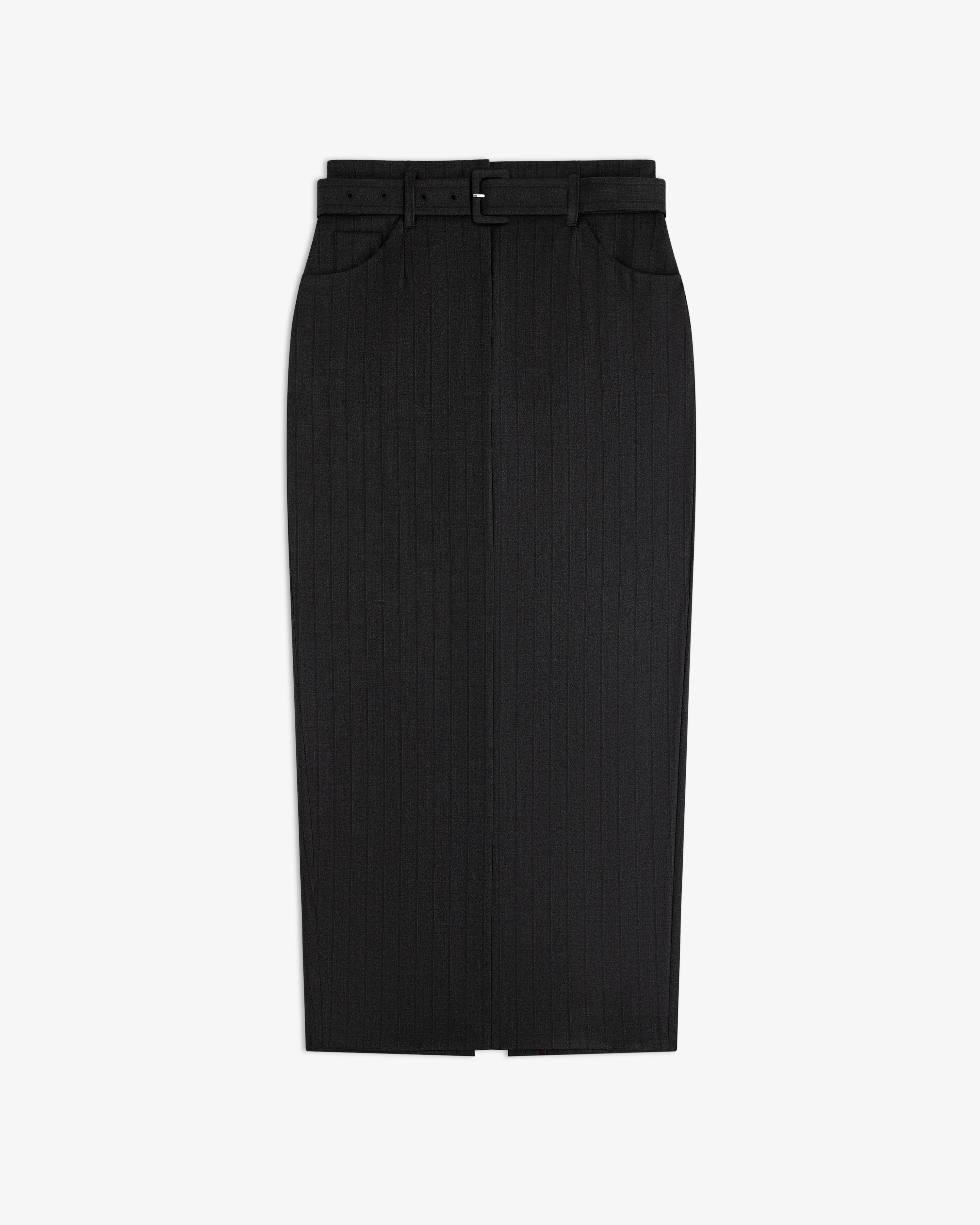 Striped Tailored Maxi Skirt: black pinstriped maxi skirt with a high waist, belt loops, and a matching fabric belt.