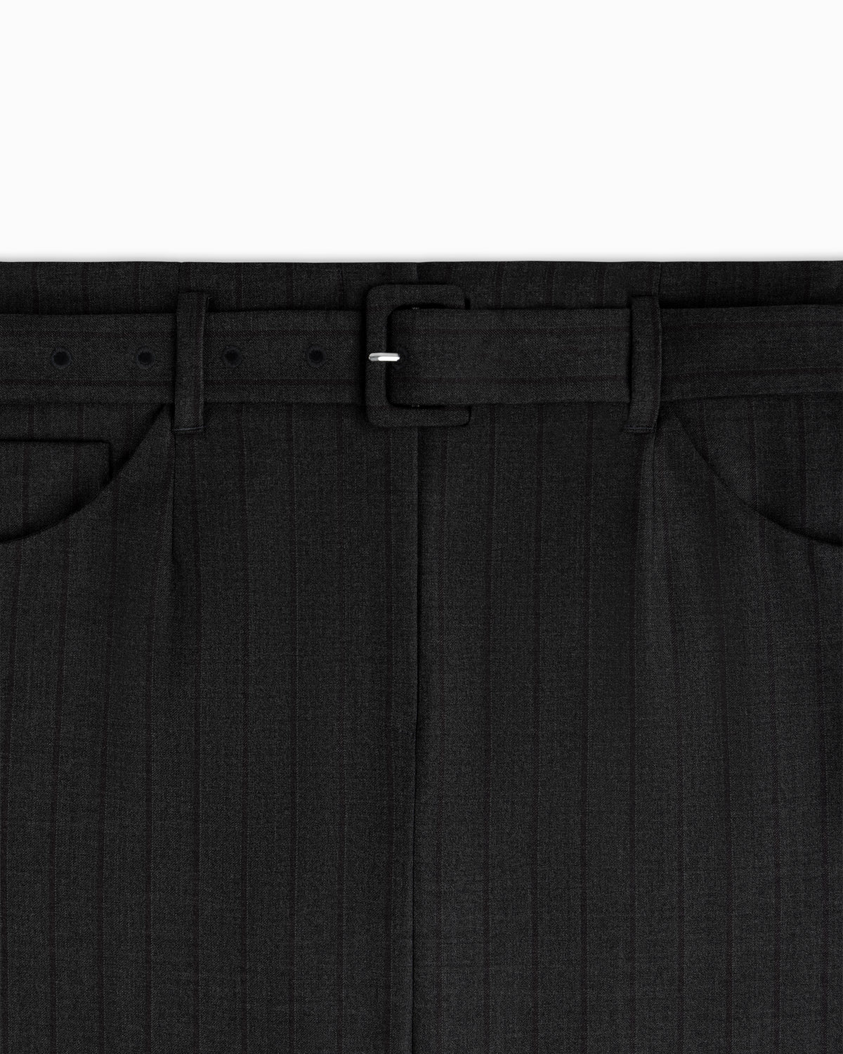 Close-up of a charcoal grey pinstriped Striped Tailored Maxi Skirt with a matching belt and square buckle.
