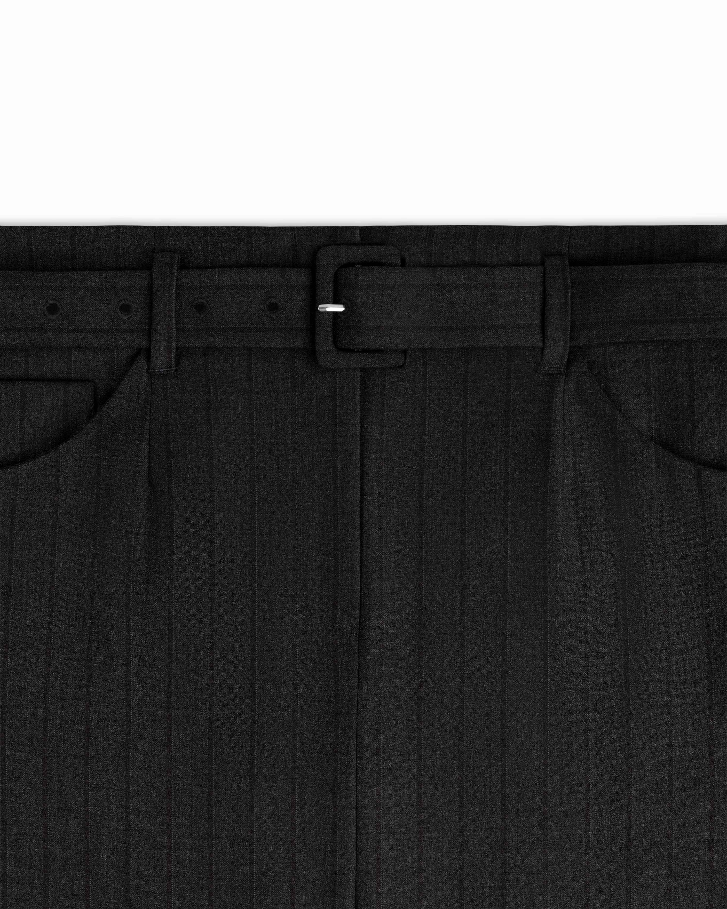 Close-up of a charcoal grey pinstriped Striped Tailored Maxi Skirt with a matching belt and square buckle.