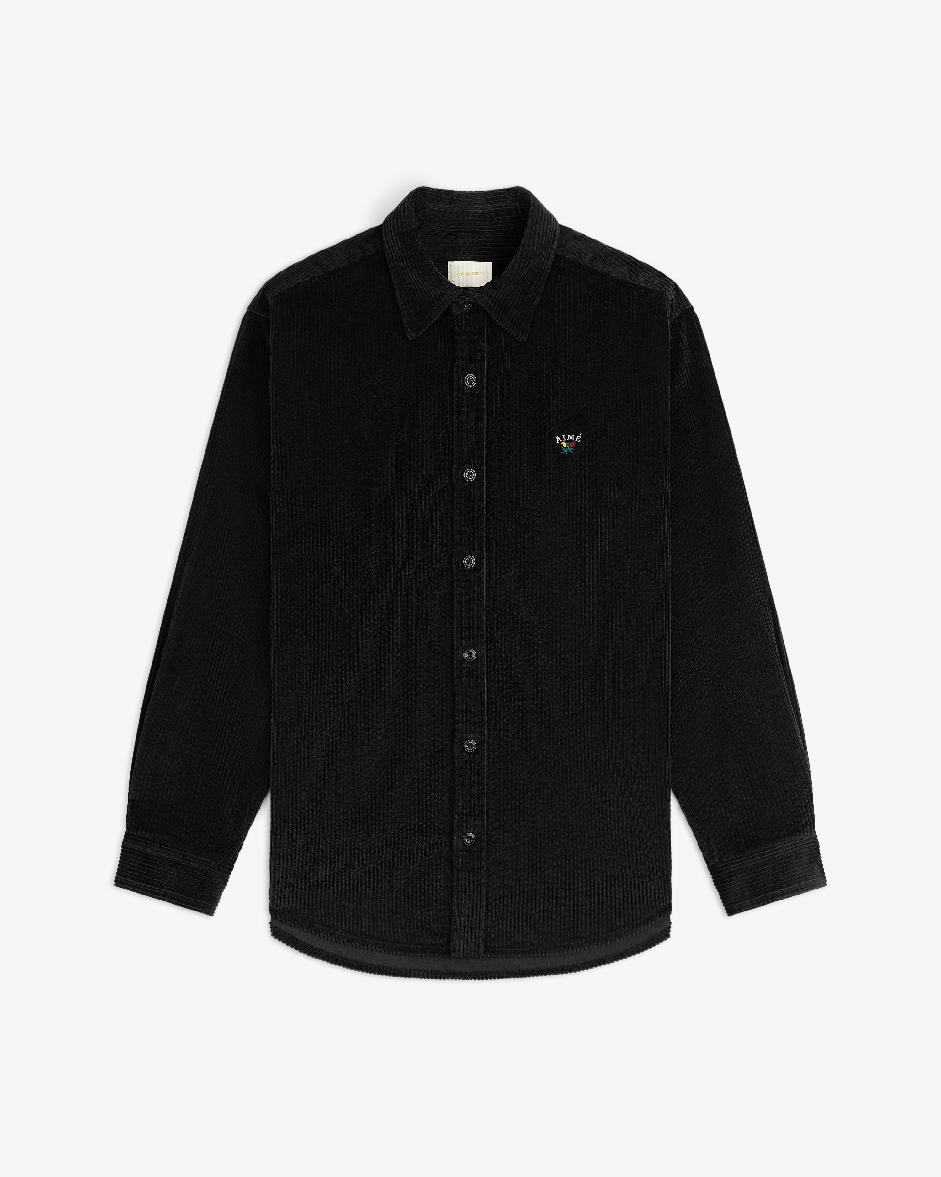 Black long-sleeved Corduroy Leon Overshirt with a small embroidered logo on the chest.