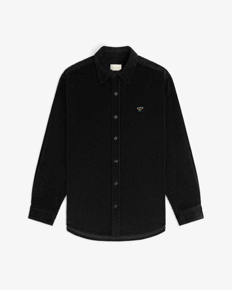 Black long-sleeved Corduroy Leon Overshirt with a small embroidered logo on the chest.