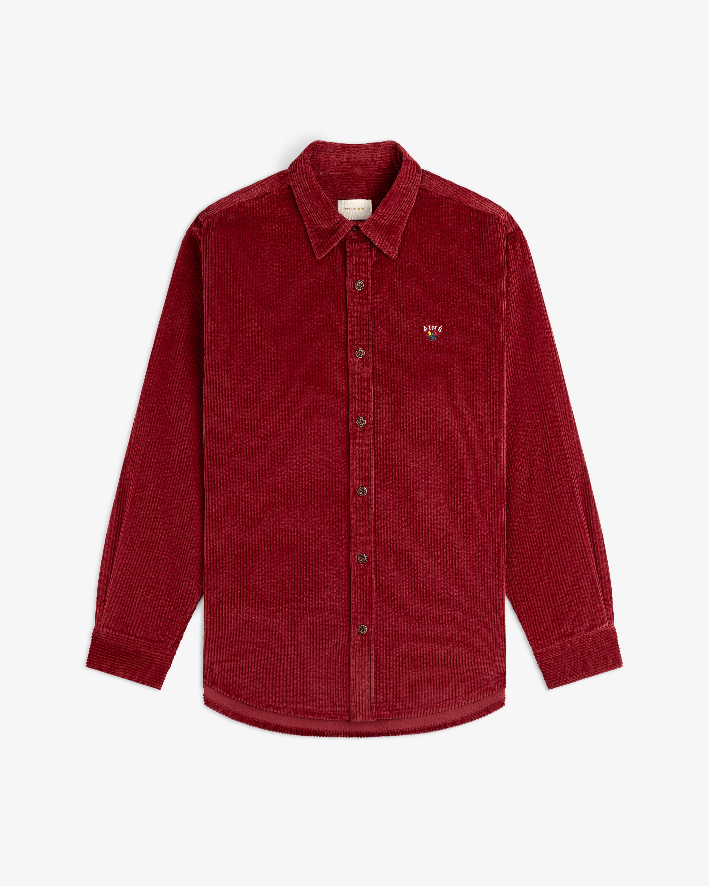 Deep red long-sleeve Corduroy Leon Overshirt with a small embroidered chest logo.