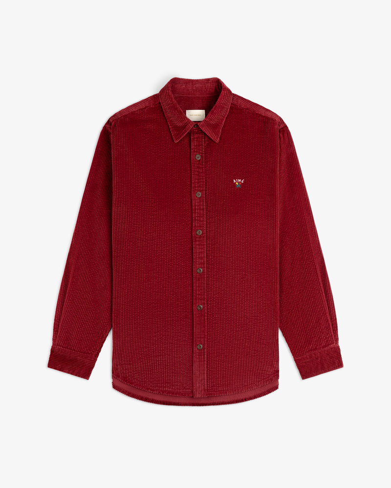 Deep red long-sleeve Corduroy Leon Overshirt with a small embroidered chest logo.