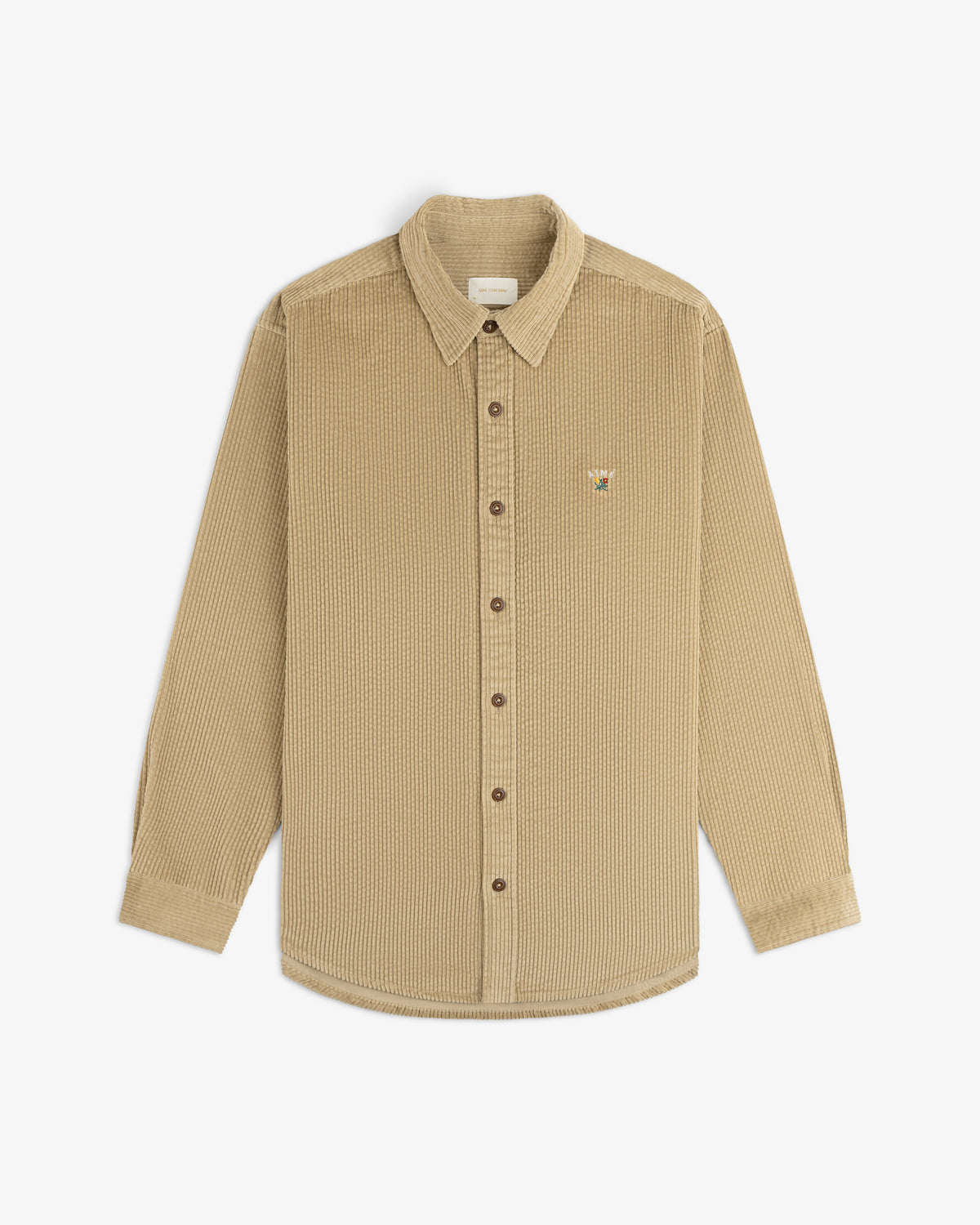Tan long-sleeve Corduroy Leon Overshirt with a small embroidered graphic on the chest.