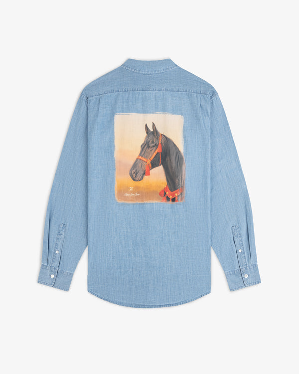 Bayard Chambray Shirt: Light blue denim with a black horse and red bridle painted on the back.