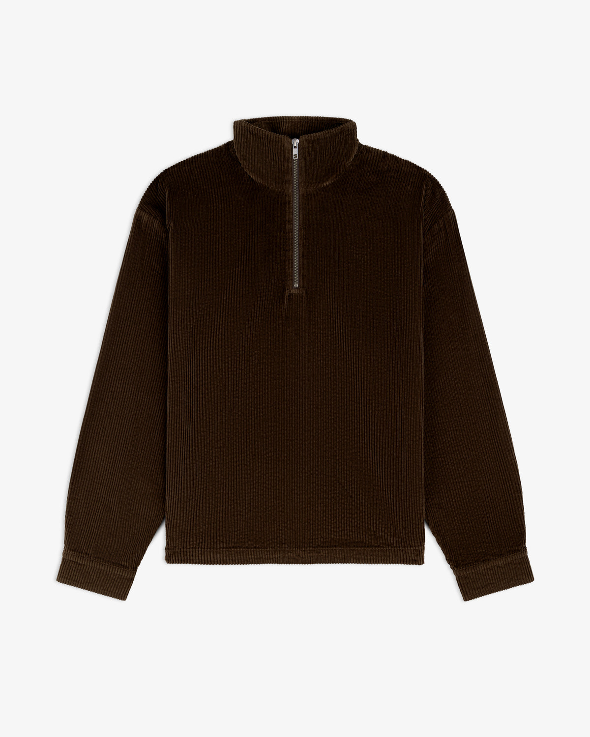 Dark brown Quarter Zip Corduroy Shirt with long sleeves and a mock neck.