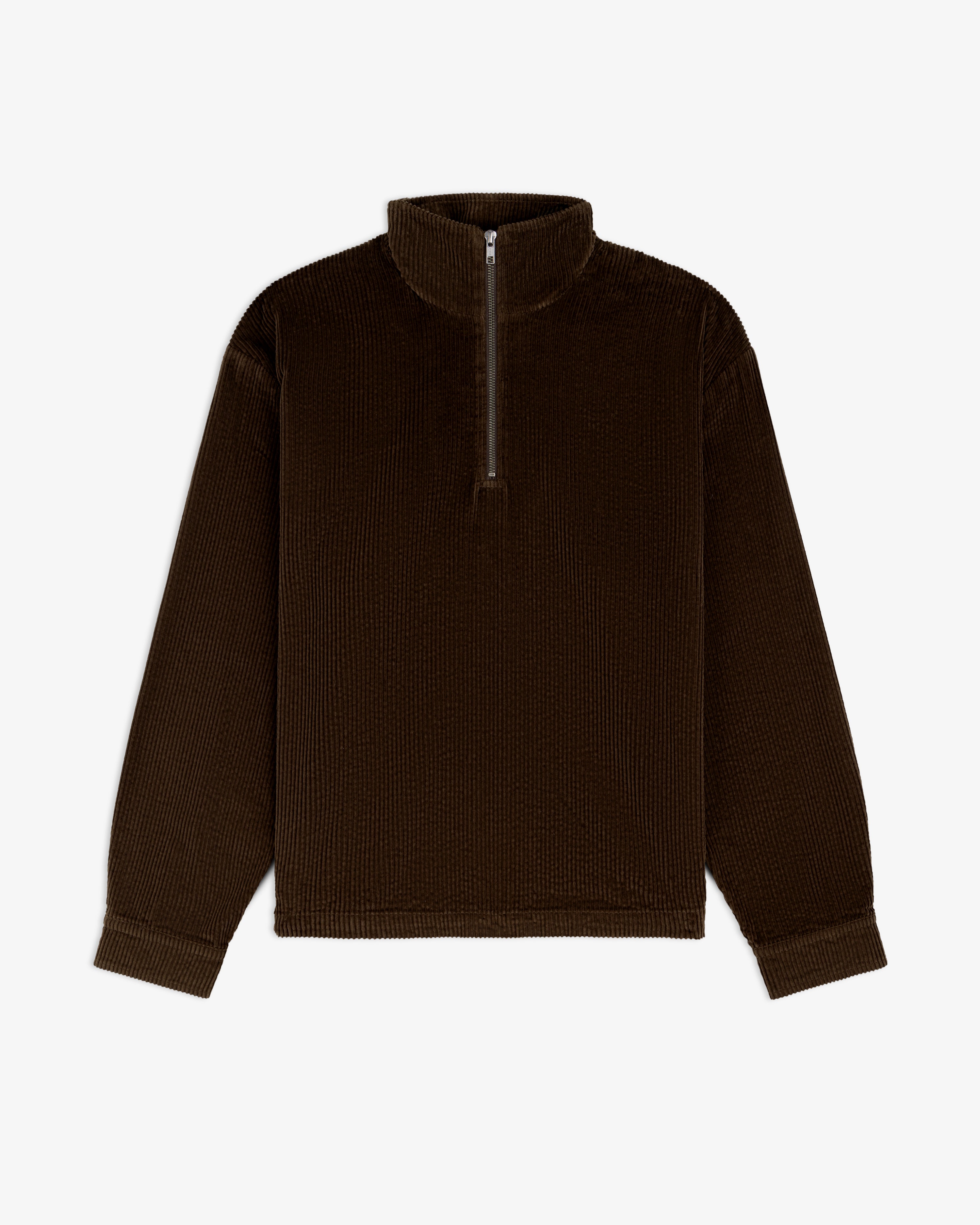 Dark brown Quarter Zip Corduroy Shirt with long sleeves and a mock neck.
