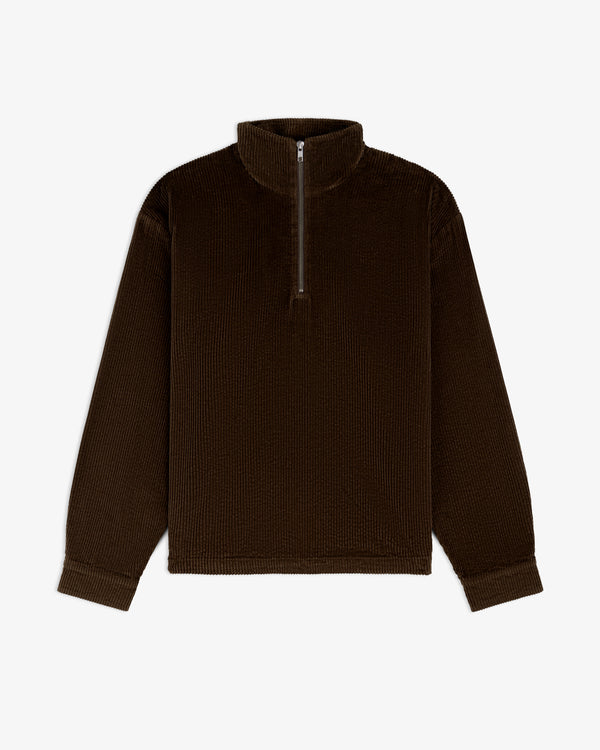 Dark brown Quarter Zip Corduroy Shirt with long sleeves and a mock neck.