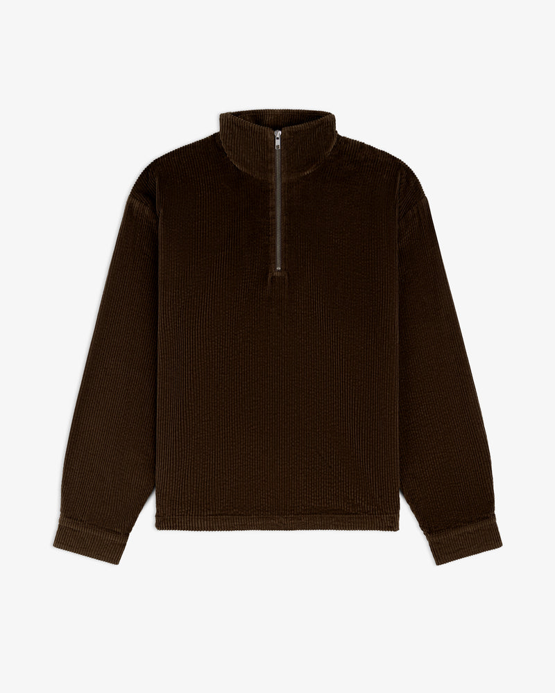 Dark brown Quarter Zip Corduroy Shirt with long sleeves and a mock neck.
