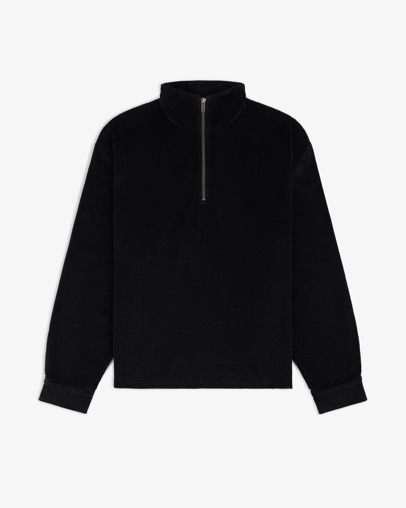 Black Quarter Zip Corduroy Shirt with a stand collar and a half-length zipper.