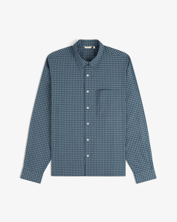 Plaid Casual Shirt, blue and black checkered, long-sleeve button-up with front pocket, shown flat on white background.