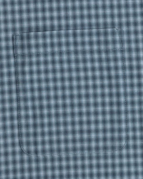 Plaid Casual Shirt in blue and white with a front square pocket that blends seamlessly into the pattern.