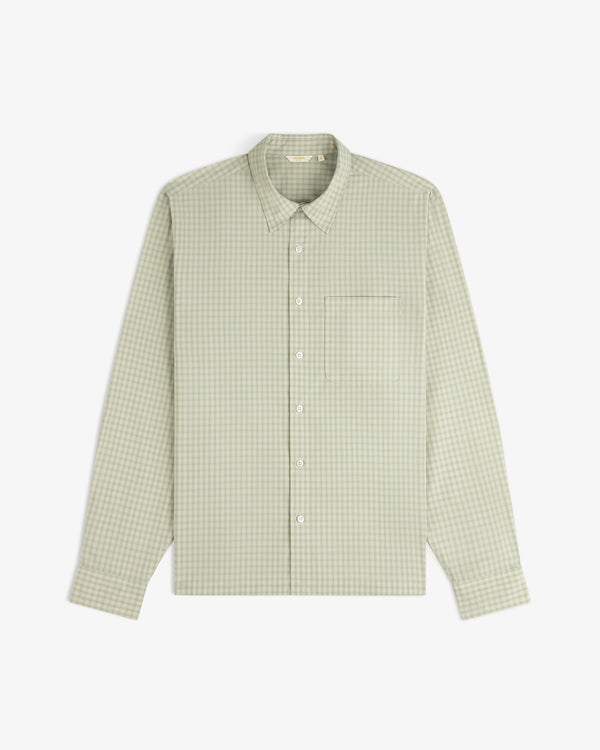 Plaid Casual Shirt: light green & white checks, long sleeves, button-up with collar and chest pocket, laid flat.